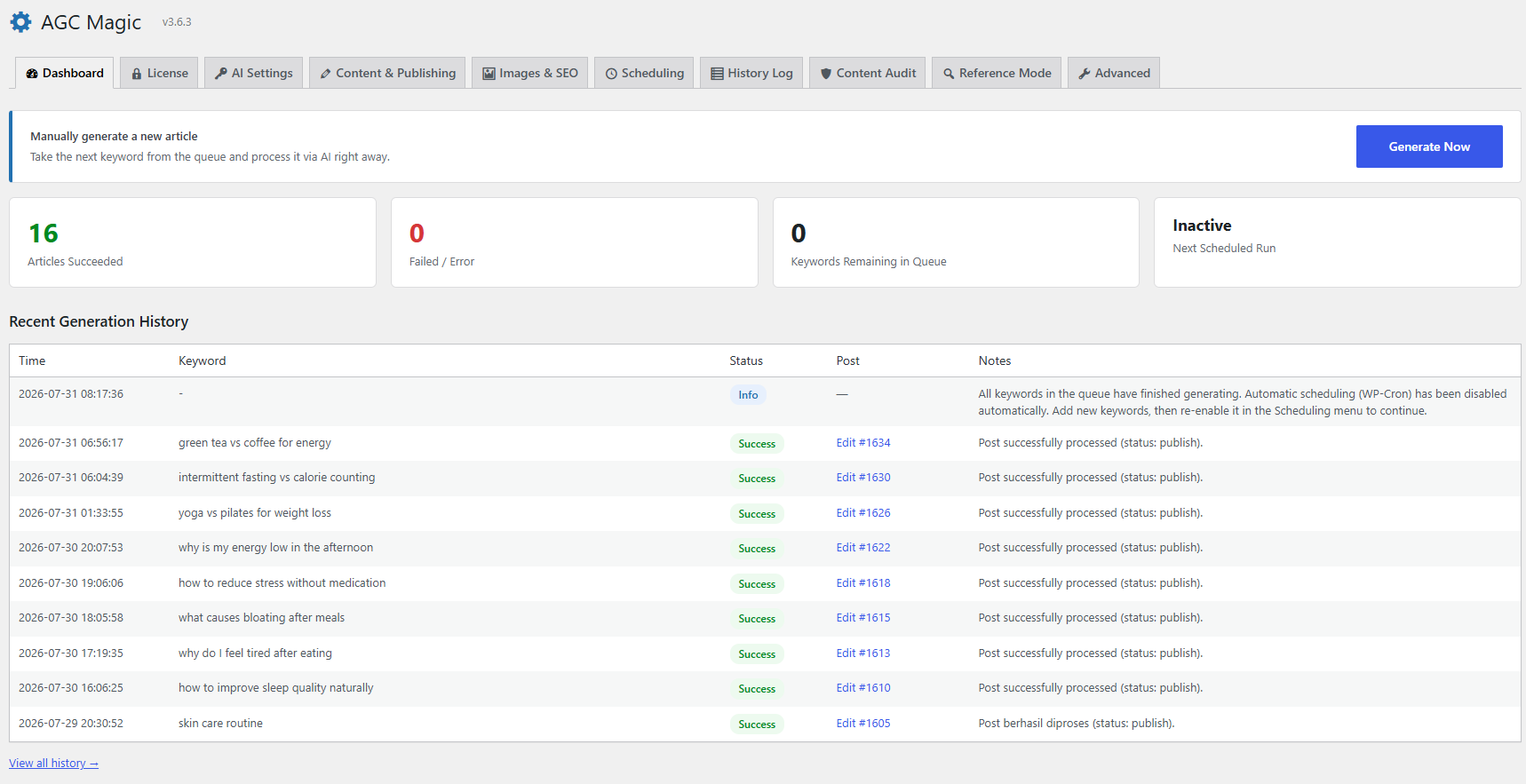 AGC Magic Dashboard view