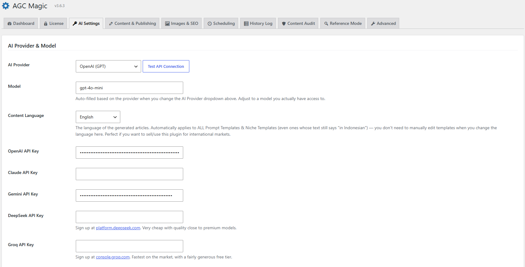 AGC Magic AI Settings - Provider and Model view