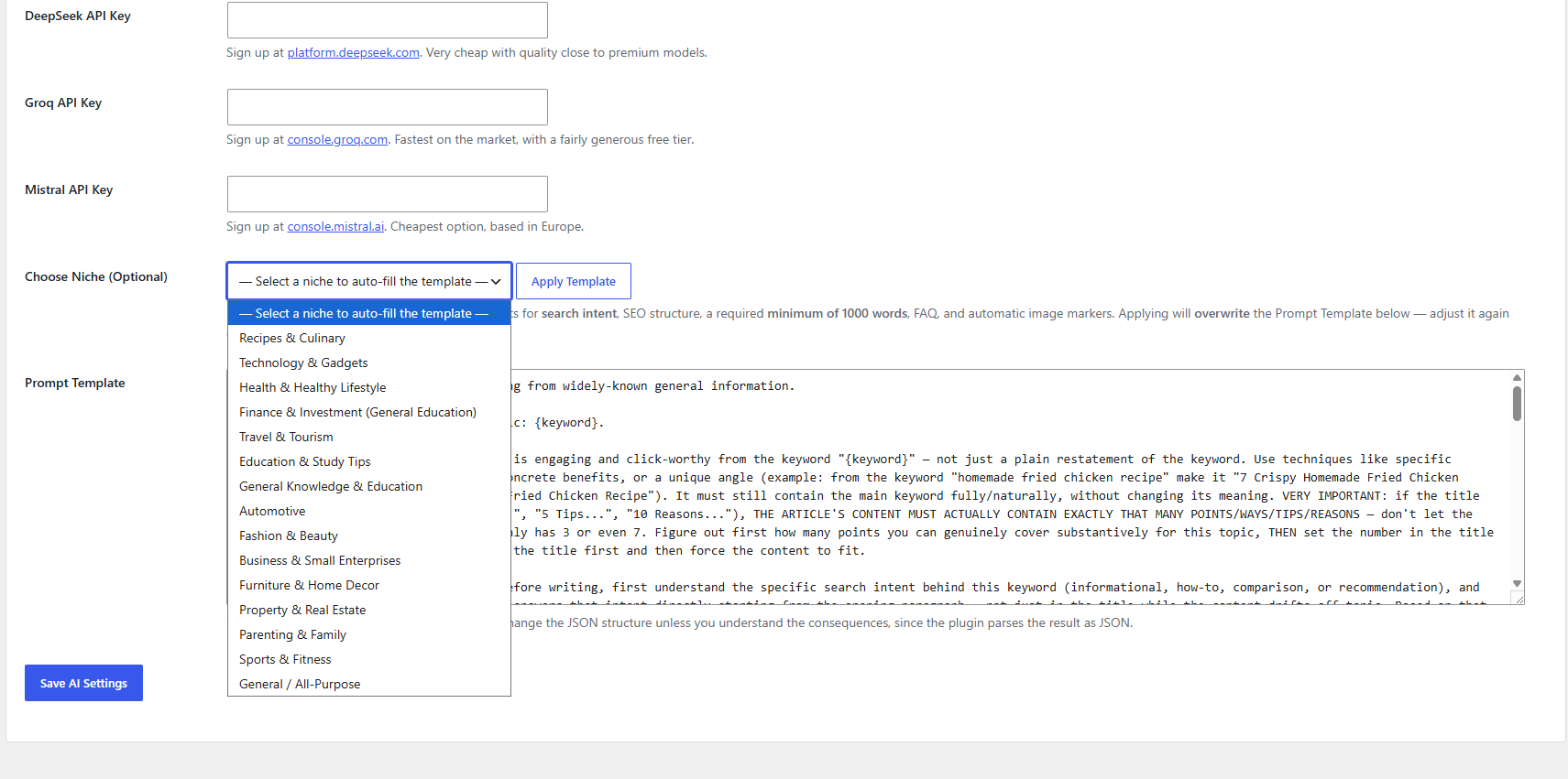 AGC Magic AI Settings - Niche Template view