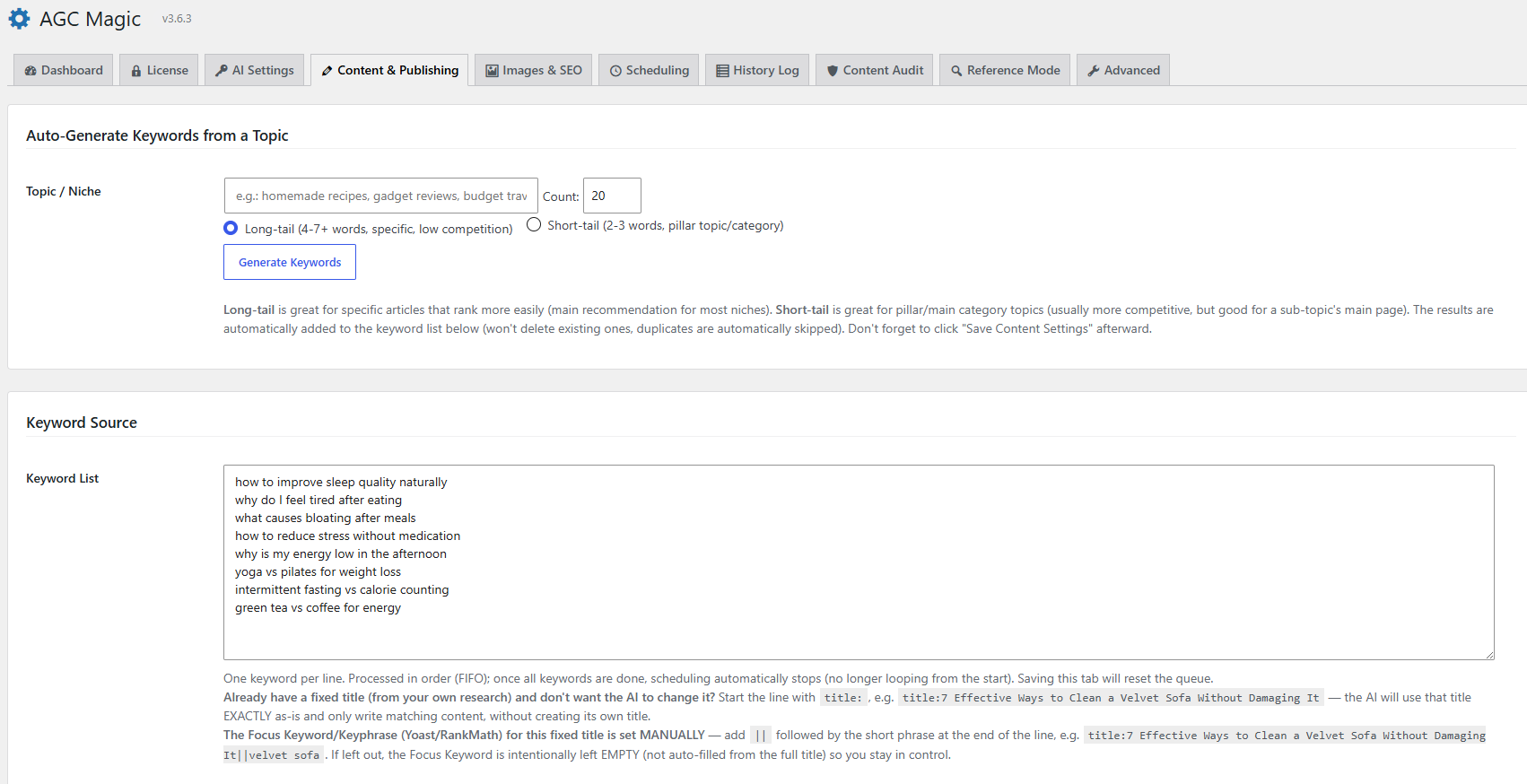 AGC Magic Content and Publishing - Keyword and Publishing view