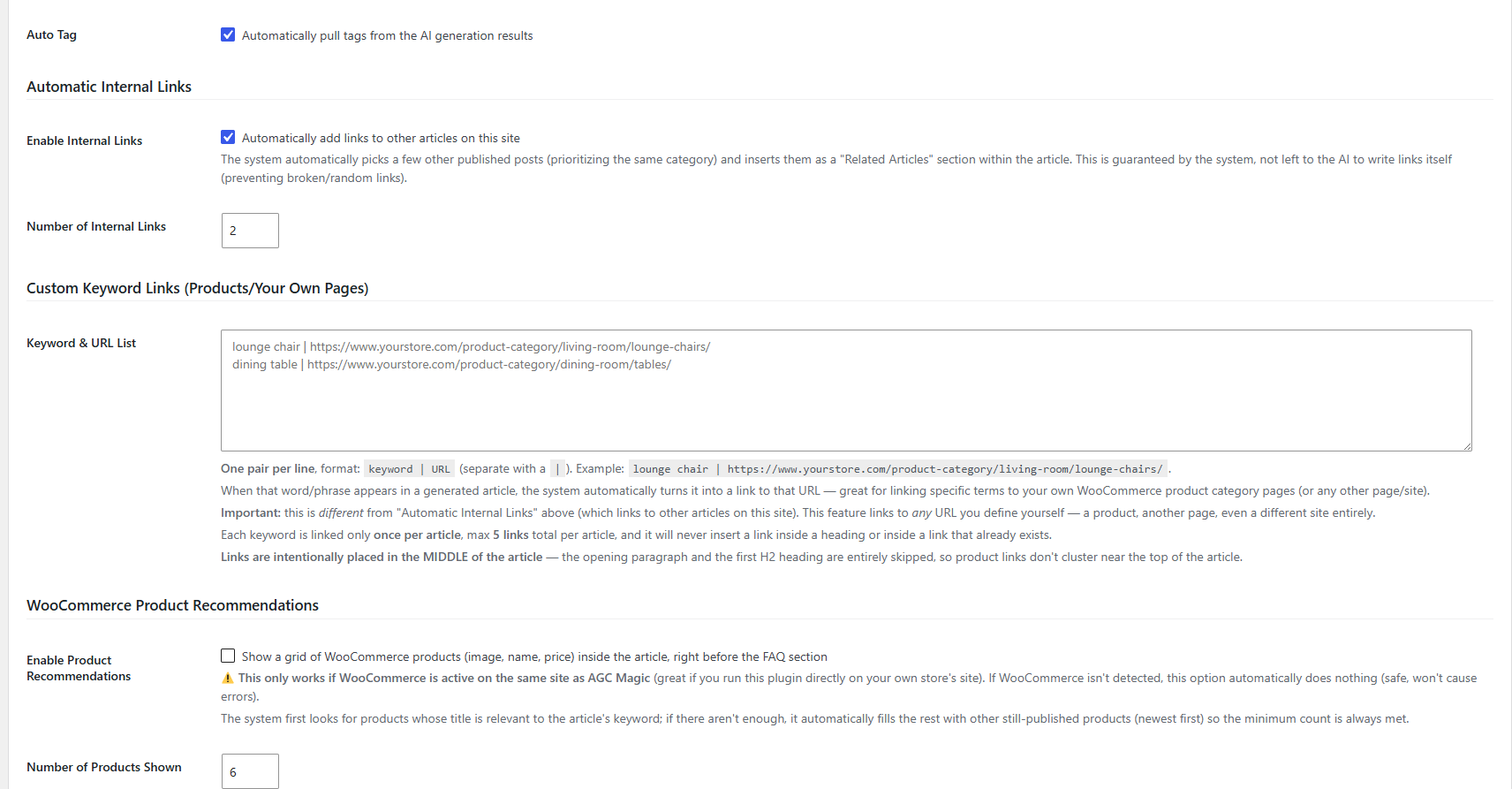 AGC Magic Content and Publishing - Internal Links and Products view